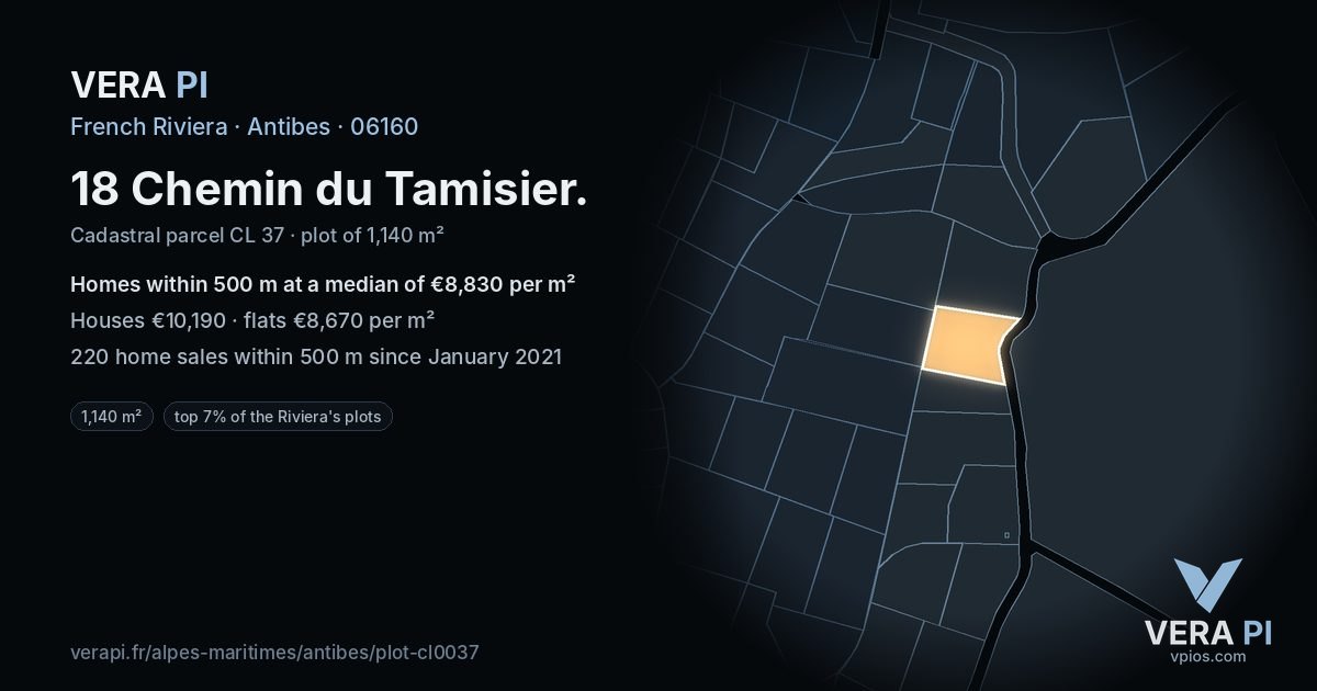 18 Chemin du Tamisier, Antibes at night – the plot lit, the parcels around coloured by the prices near them