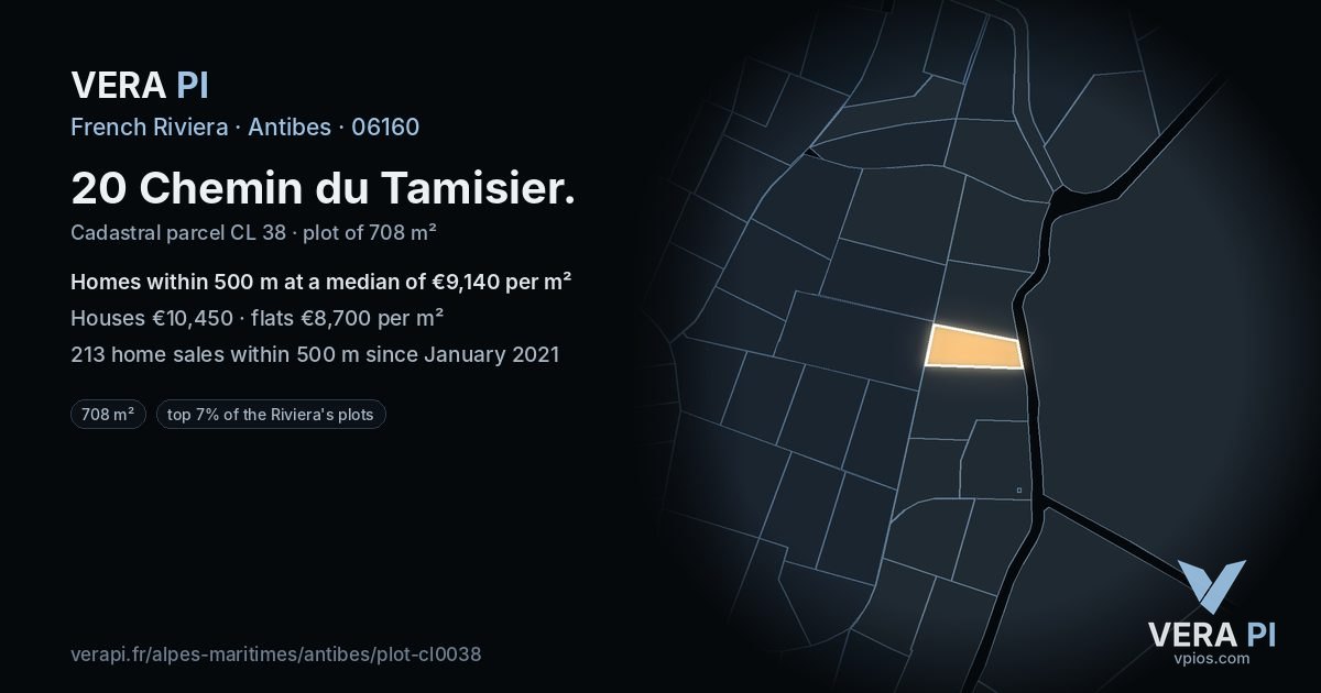 20 Chemin du Tamisier, Antibes at night – the plot lit, the parcels around coloured by the prices near them