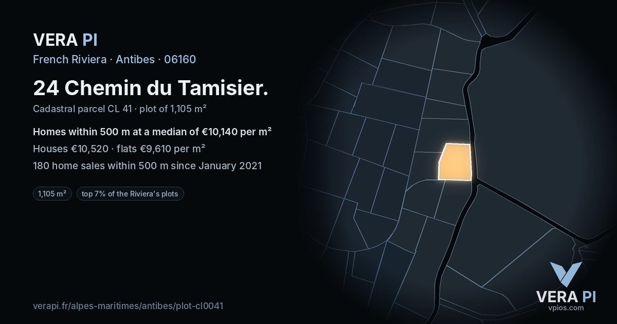 24 Chemin du Tamisier, Antibes at night – the plot lit, the parcels around coloured by the prices near them