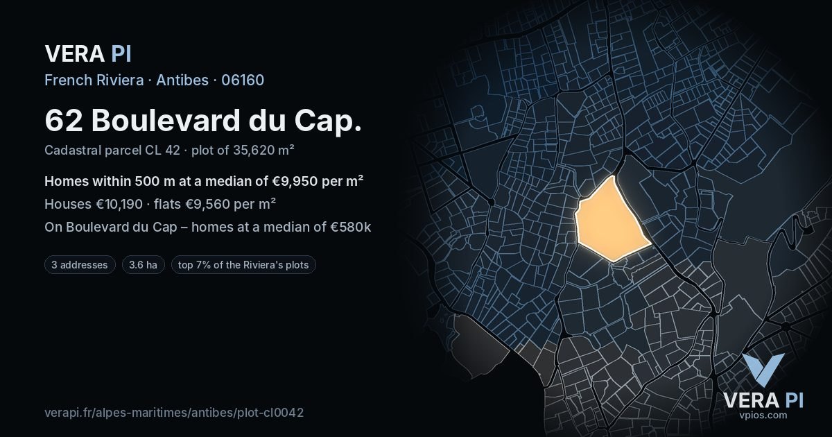 62 Boulevard du Cap, Antibes at night – the plot lit, the parcels around coloured by the prices near them