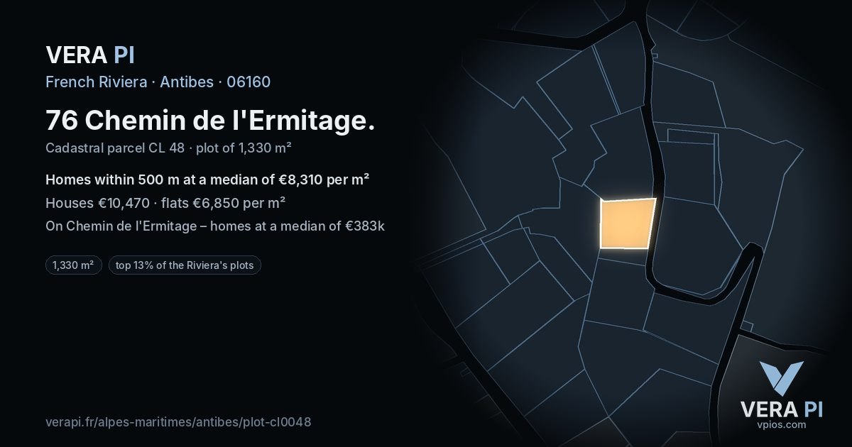 76 Chemin de l'Ermitage, Antibes at night – the plot lit, the parcels around coloured by the prices near them