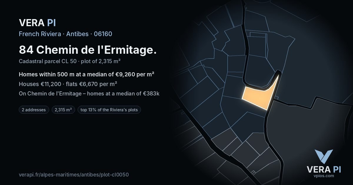 84 Chemin de l'Ermitage, Antibes at night – the plot lit, the parcels around coloured by the prices near them
