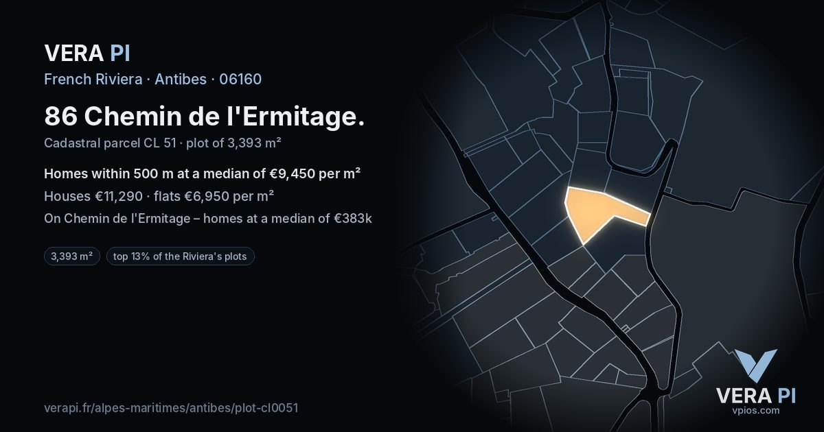 86 Chemin de l'Ermitage, Antibes at night – the plot lit, the parcels around coloured by the prices near them
