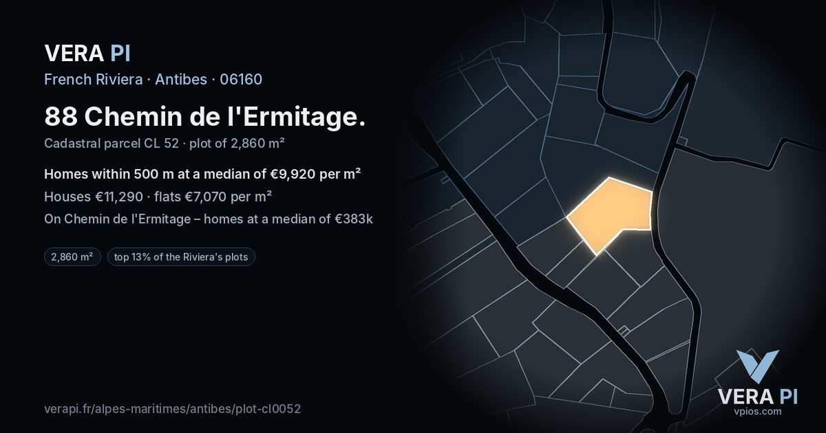 88 Chemin de l'Ermitage, Antibes at night – the plot lit, the parcels around coloured by the prices near them