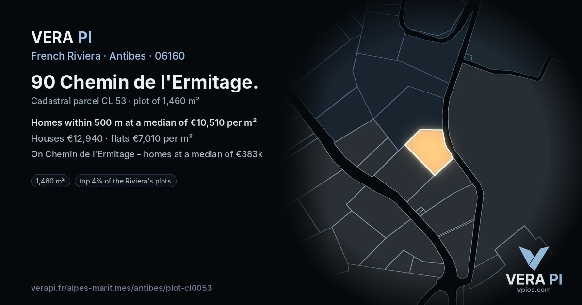 90 Chemin de l'Ermitage, Antibes at night – the plot lit, the parcels around coloured by the prices near them