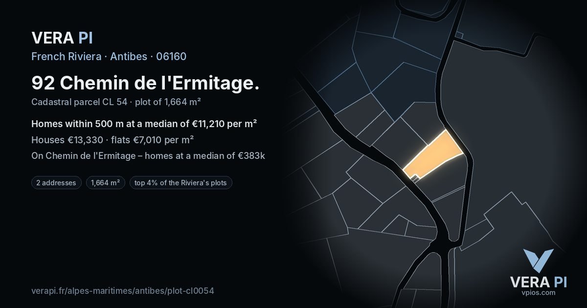 92 Chemin de l'Ermitage, Antibes at night – the plot lit, the parcels around coloured by the prices near them