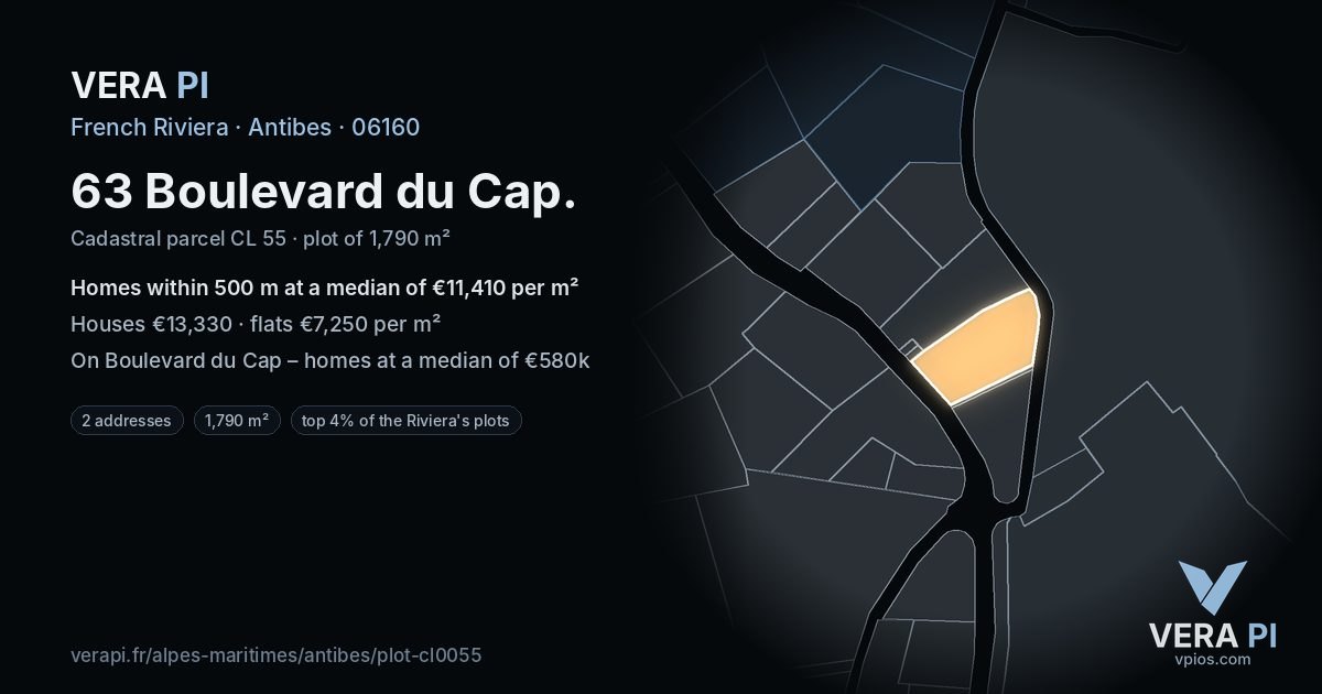 63 Boulevard du Cap, Antibes at night – the plot lit, the parcels around coloured by the prices near them
