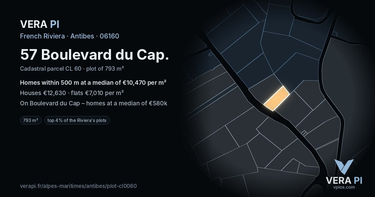 57 Boulevard du Cap, Antibes at night – the plot lit, the parcels around coloured by the prices near them