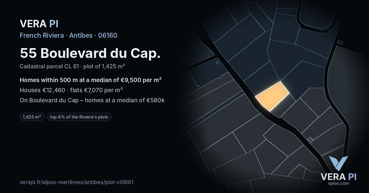 55 Boulevard du Cap, Antibes at night – the plot lit, the parcels around coloured by the prices near them