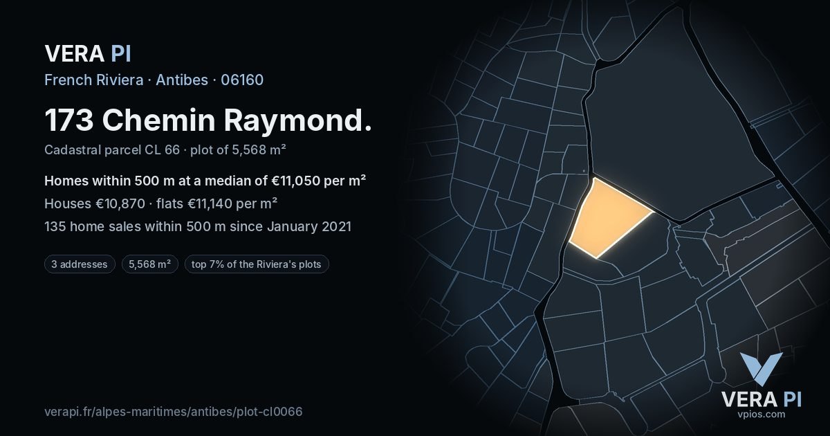 173 Chemin Raymond, Antibes at night – the plot lit, the parcels around coloured by the prices near them