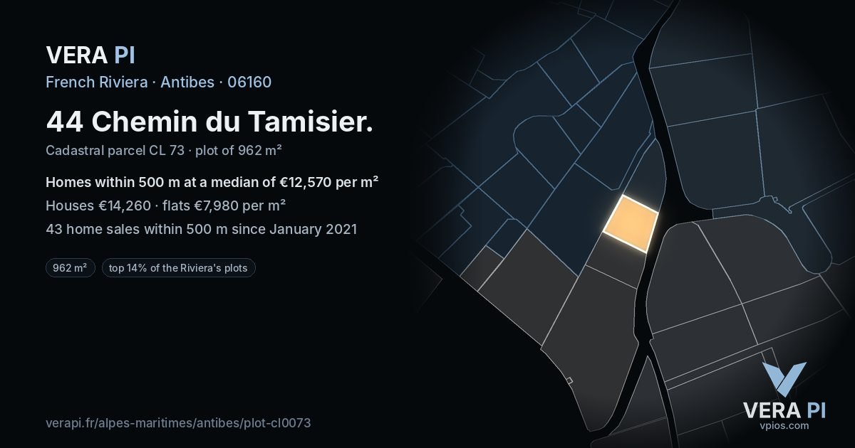 44 Chemin du Tamisier, Antibes at night – the plot lit, the parcels around coloured by the prices near them