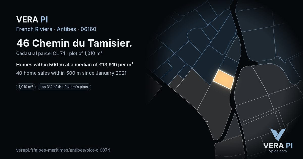 46 Chemin du Tamisier, Antibes at night – the plot lit, the parcels around coloured by the prices near them