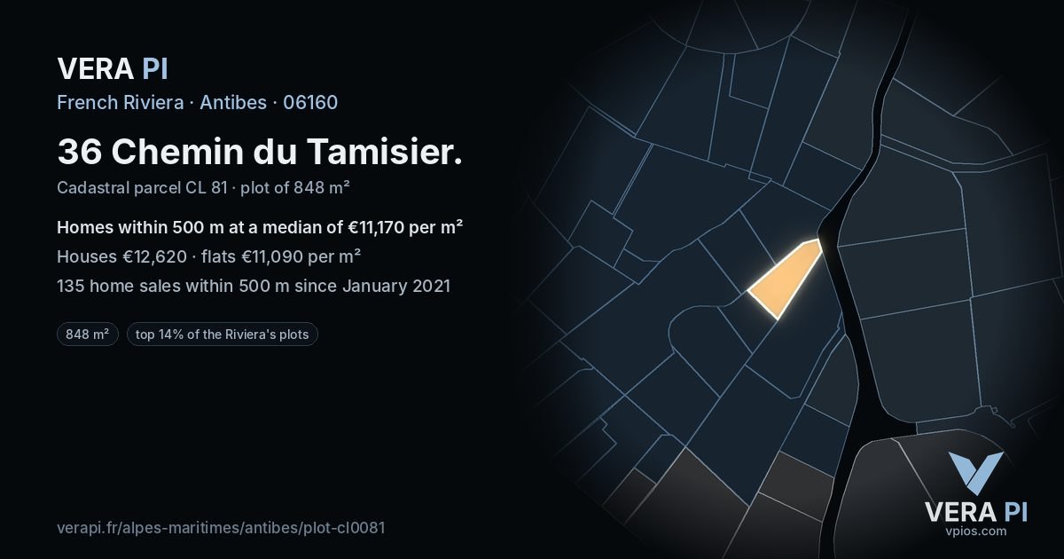 36 Chemin du Tamisier, Antibes at night – the plot lit, the parcels around coloured by the prices near them