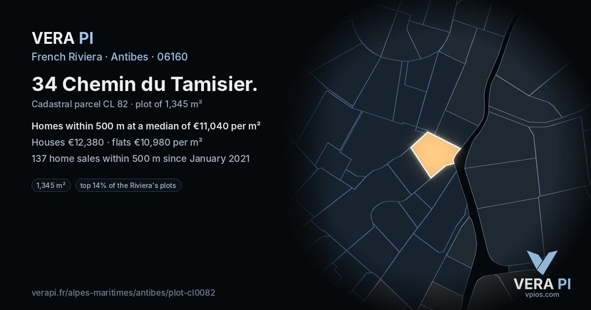 34 Chemin du Tamisier, Antibes at night – the plot lit, the parcels around coloured by the prices near them