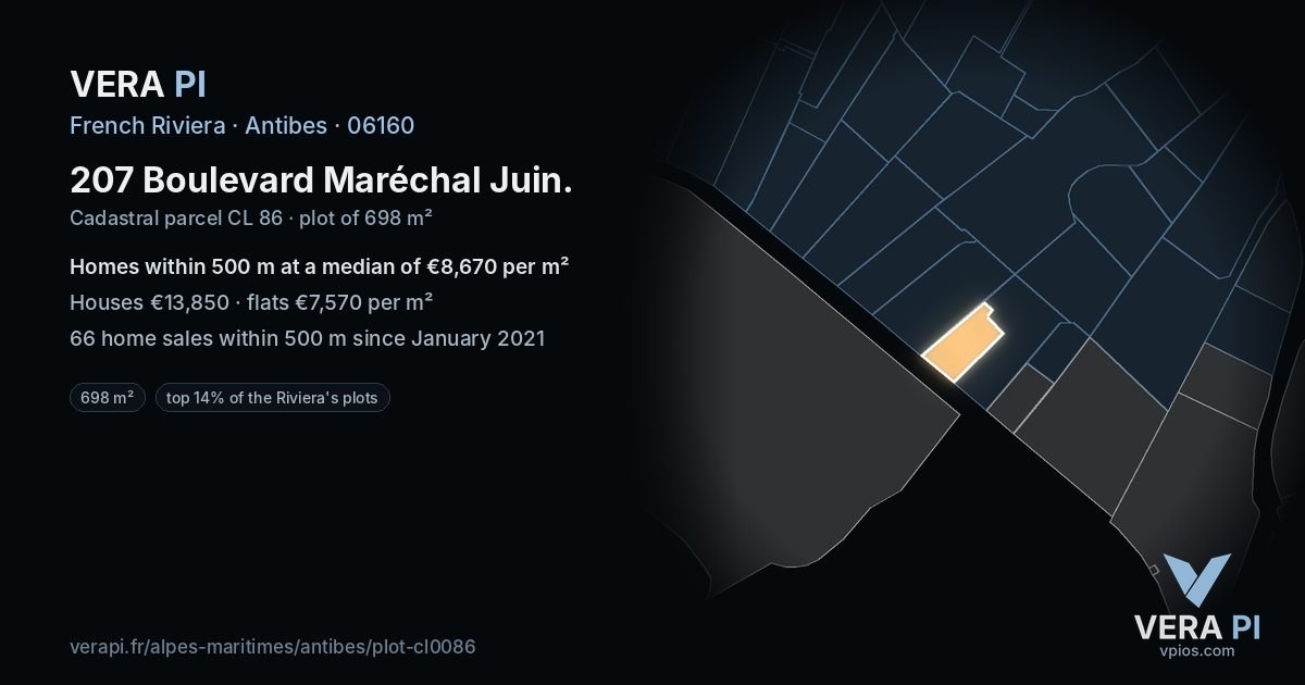 207 Boulevard Maréchal Juin, Antibes at night – the plot lit, the parcels around coloured by the prices near them