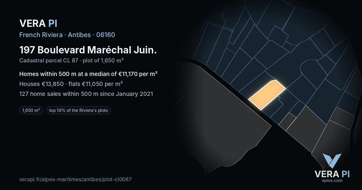 197 Boulevard Maréchal Juin, Antibes at night – the plot lit, the parcels around coloured by the prices near them