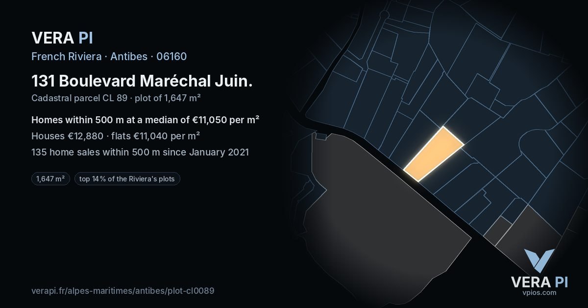 131 Boulevard Maréchal Juin, Antibes at night – the plot lit, the parcels around coloured by the prices near them