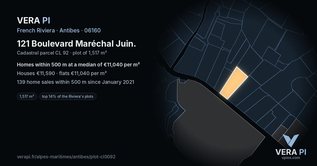 121 Boulevard Maréchal Juin, Antibes at night – the plot lit, the parcels around coloured by the prices near them