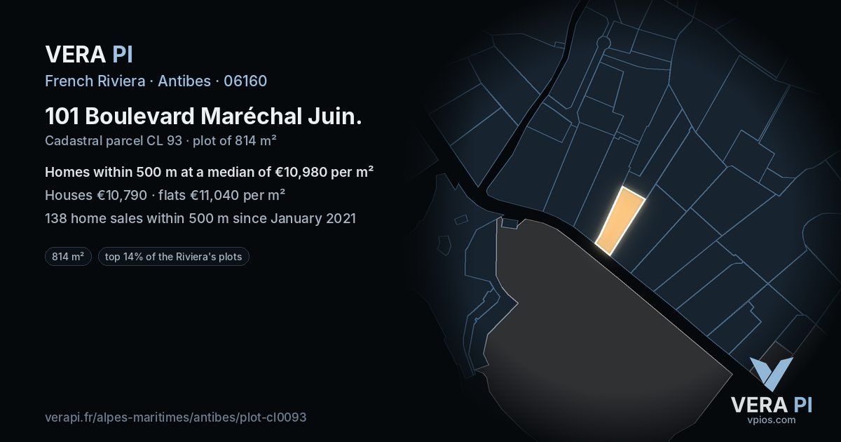 101 Boulevard Maréchal Juin, Antibes at night – the plot lit, the parcels around coloured by the prices near them