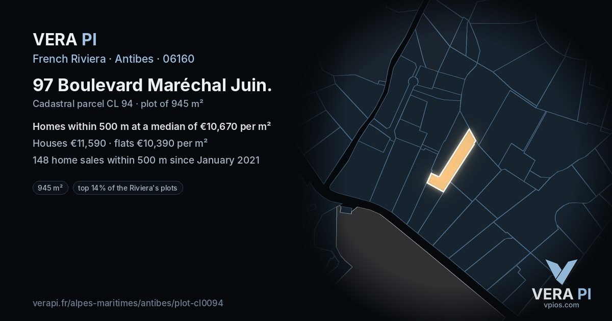 97 Boulevard Maréchal Juin, Antibes at night – the plot lit, the parcels around coloured by the prices near them