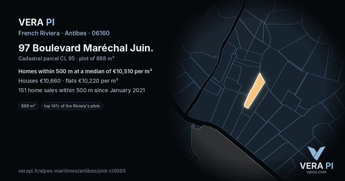 97 Boulevard Maréchal Juin, Antibes at night – the plot lit, the parcels around coloured by the prices near them