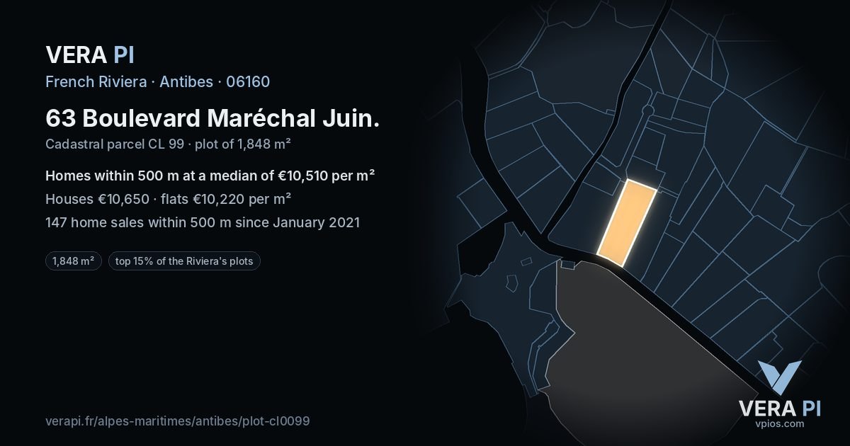 63 Boulevard Maréchal Juin, Antibes at night – the plot lit, the parcels around coloured by the prices near them