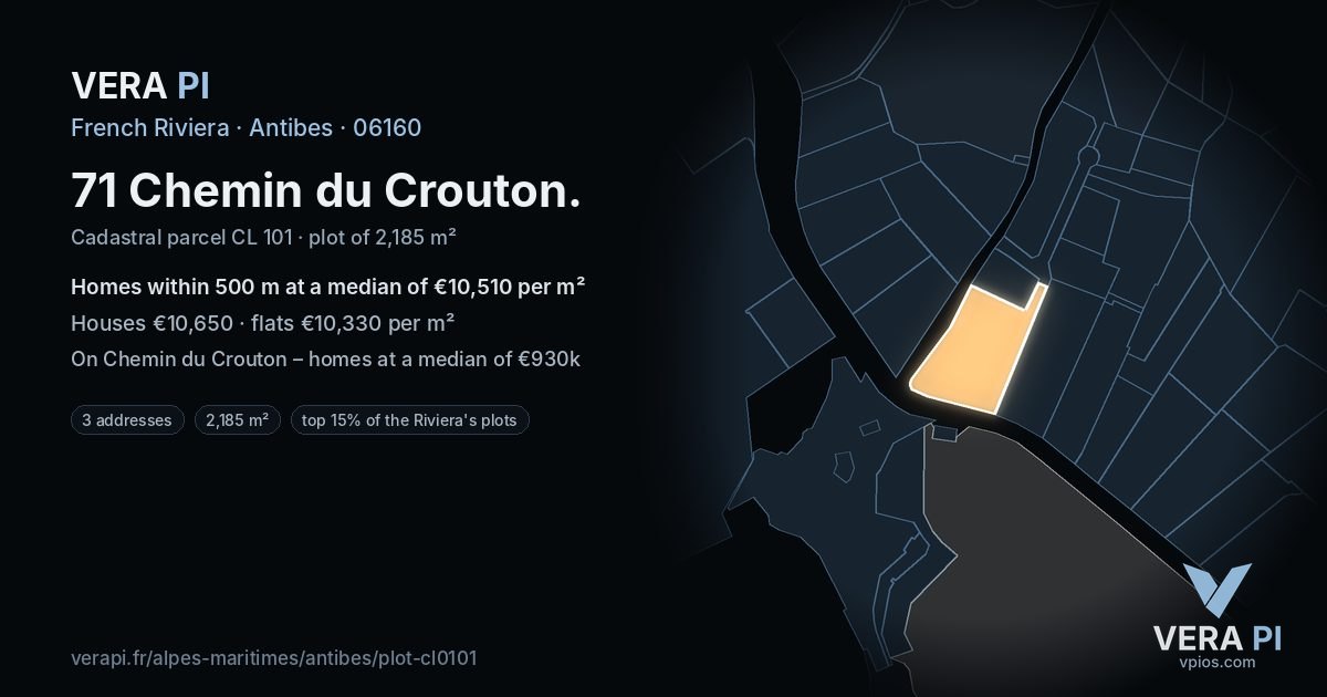 71 Chemin du Crouton, Antibes at night – the plot lit, the parcels around coloured by the prices near them