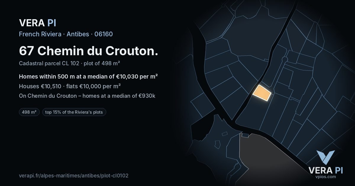 67 Chemin du Crouton, Antibes at night – the plot lit, the parcels around coloured by the prices near them