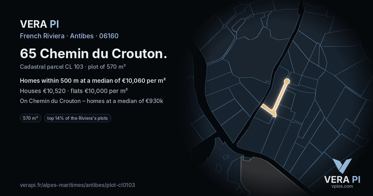 65 Chemin du Crouton, Antibes at night – the plot lit, the parcels around coloured by the prices near them