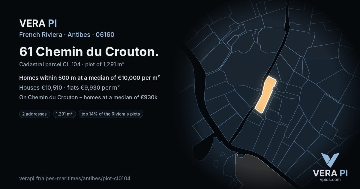 61 Chemin du Crouton, Antibes at night – the plot lit, the parcels around coloured by the prices near them