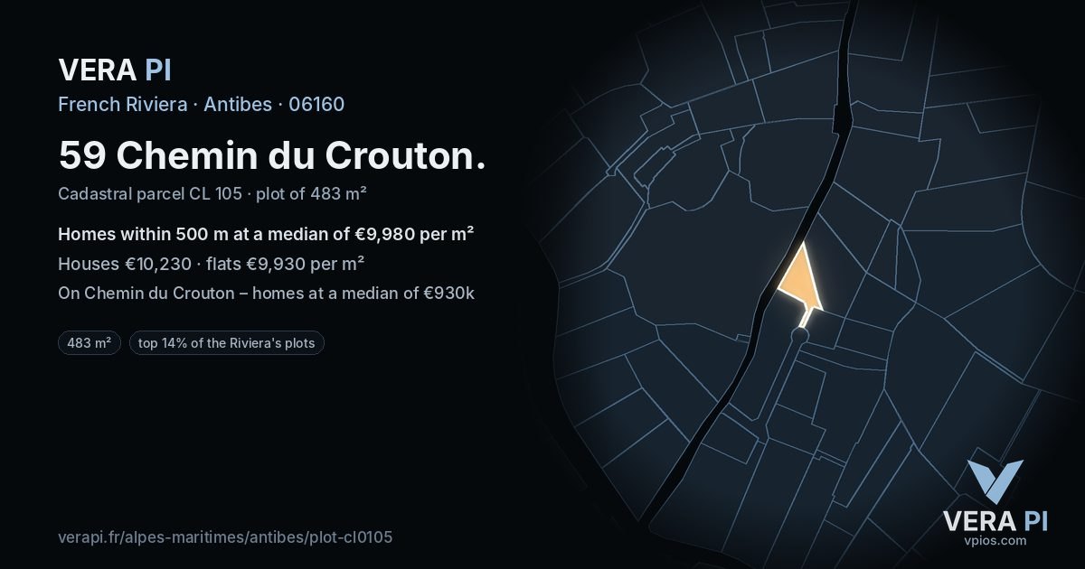 59 Chemin du Crouton, Antibes at night – the plot lit, the parcels around coloured by the prices near them