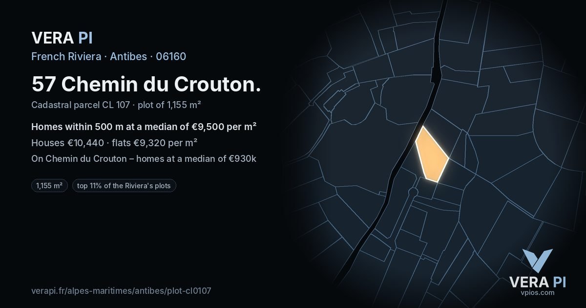 57 Chemin du Crouton, Antibes at night – the plot lit, the parcels around coloured by the prices near them