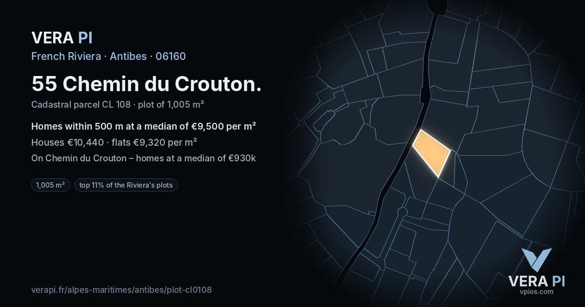 55 Chemin du Crouton, Antibes at night – the plot lit, the parcels around coloured by the prices near them