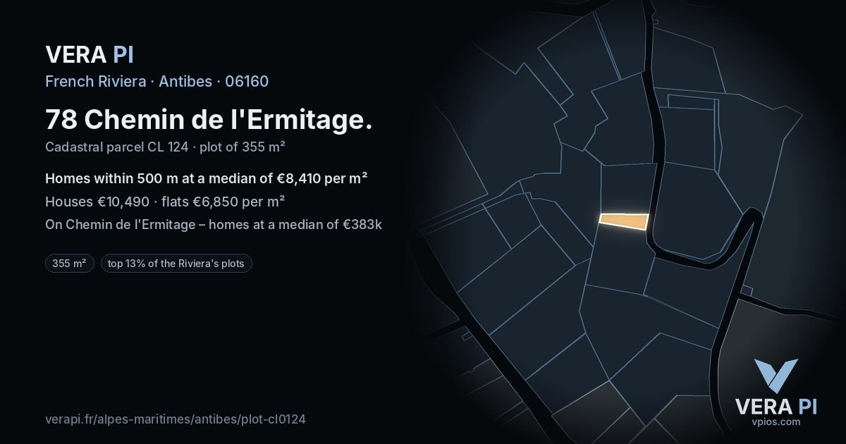 78 Chemin de l'Ermitage, Antibes at night – the plot lit, the parcels around coloured by the prices near them