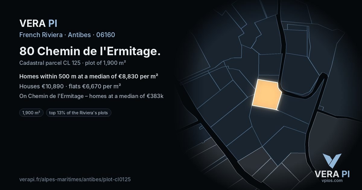 80 Chemin de l'Ermitage, Antibes at night – the plot lit, the parcels around coloured by the prices near them