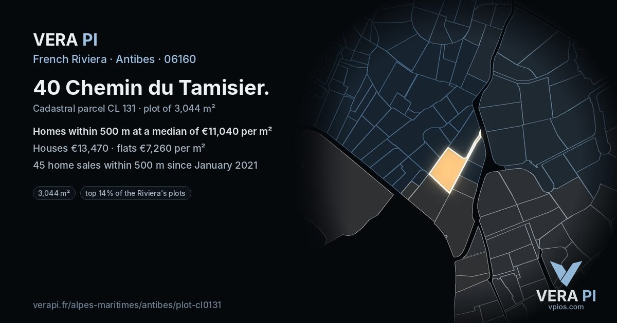 40 Chemin du Tamisier, Antibes at night – the plot lit, the parcels around coloured by the prices near them