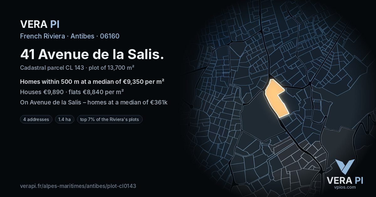 41 Avenue de la Salis, Antibes at night – the plot lit, the parcels around coloured by the prices near them