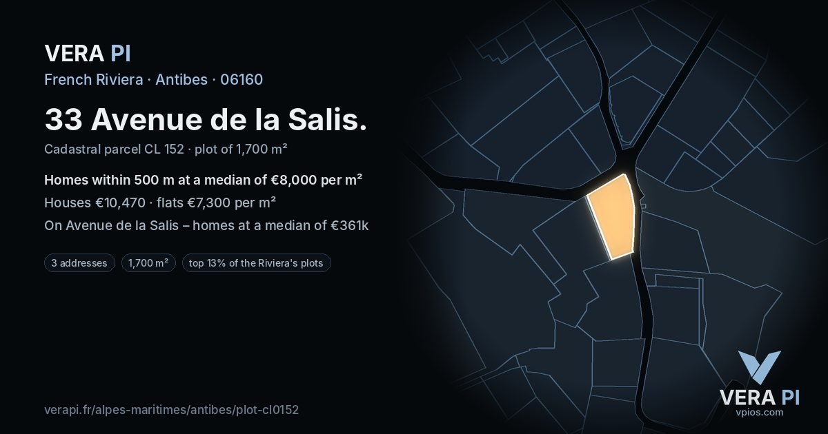 33 Avenue de la Salis, Antibes at night – the plot lit, the parcels around coloured by the prices near them