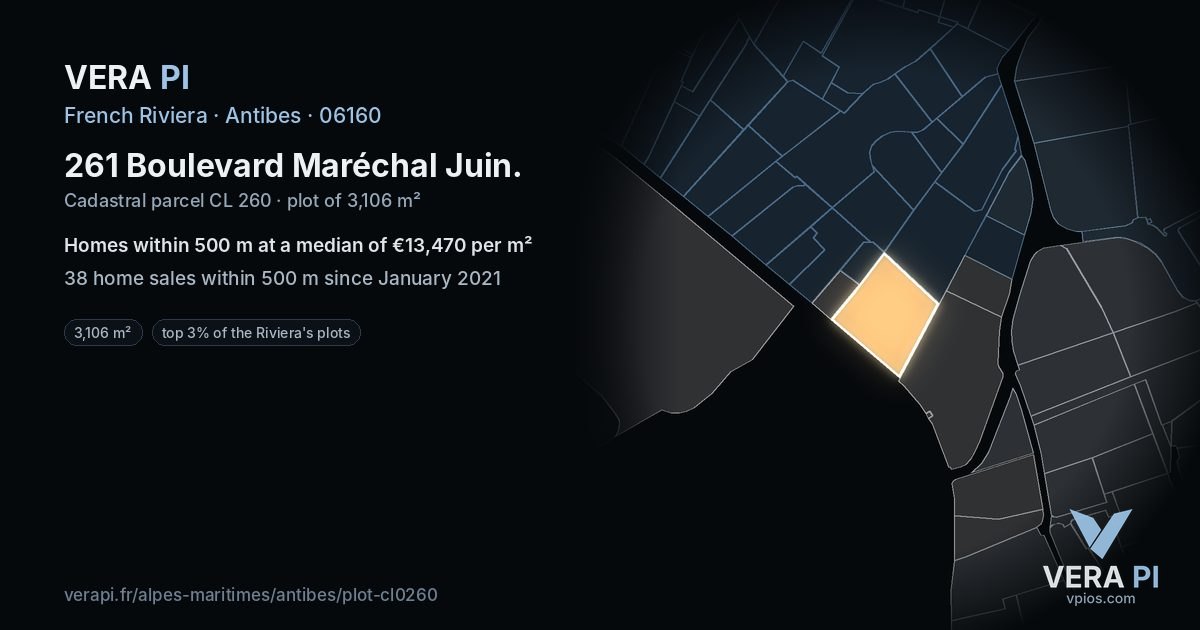 261 Boulevard Maréchal Juin, Antibes at night – the plot lit, the parcels around coloured by the prices near them