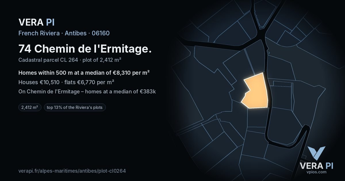 74 Chemin de l'Ermitage, Antibes at night – the plot lit, the parcels around coloured by the prices near them