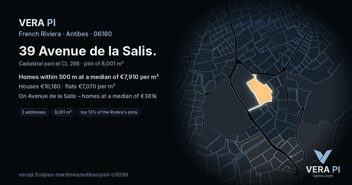 39 Avenue de la Salis, Antibes at night – the plot lit, the parcels around coloured by the prices near them