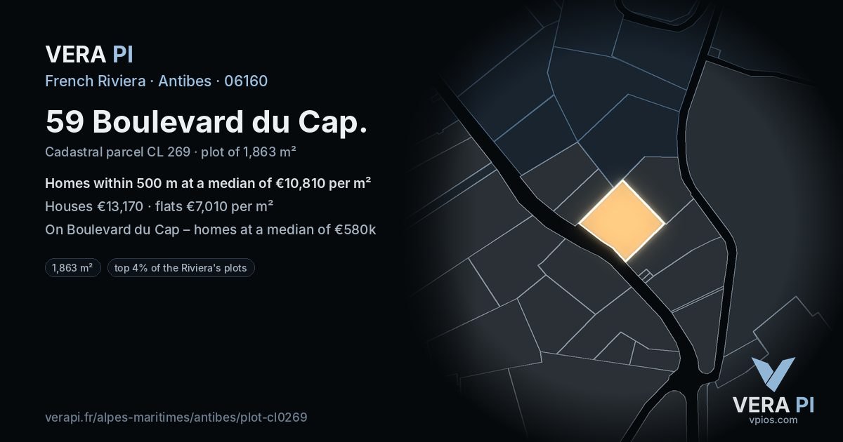 59 Boulevard du Cap, Antibes at night – the plot lit, the parcels around coloured by the prices near them