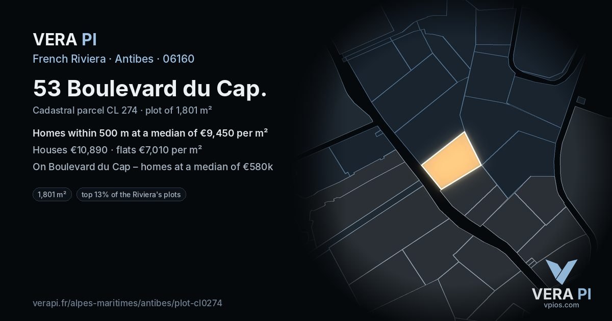 53 Boulevard du Cap, Antibes at night – the plot lit, the parcels around coloured by the prices near them