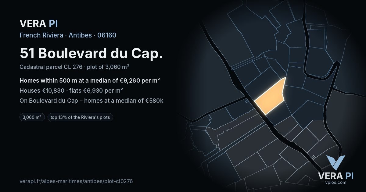 51 Boulevard du Cap, Antibes at night – the plot lit, the parcels around coloured by the prices near them