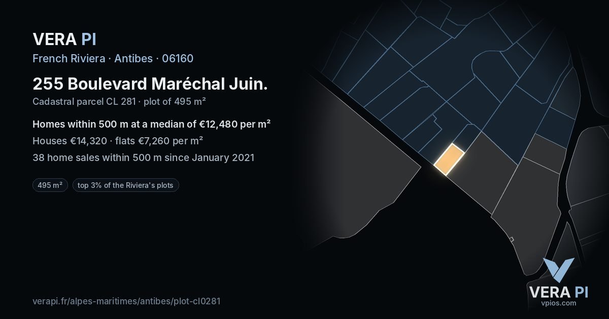 255 Boulevard Maréchal Juin, Antibes at night – the plot lit, the parcels around coloured by the prices near them