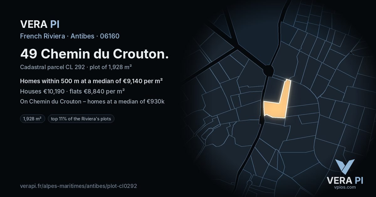49 Chemin du Crouton, Antibes at night – the plot lit, the parcels around coloured by the prices near them