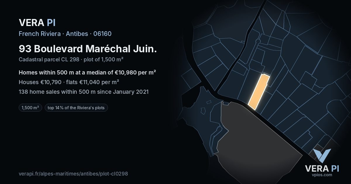 93 Boulevard Maréchal Juin, Antibes at night – the plot lit, the parcels around coloured by the prices near them