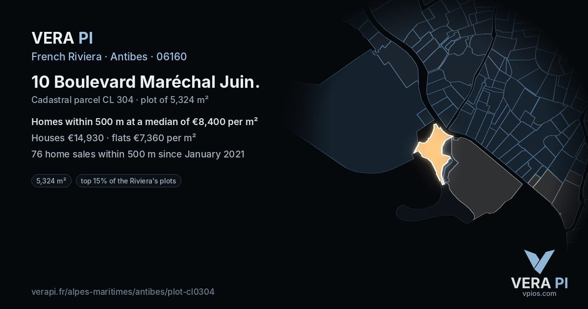 10 Boulevard Maréchal Juin, Antibes at night – the plot lit, the parcels around coloured by the prices near them