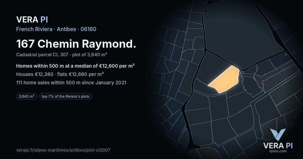 167 Chemin Raymond, Antibes at night – the plot lit, the parcels around coloured by the prices near them
