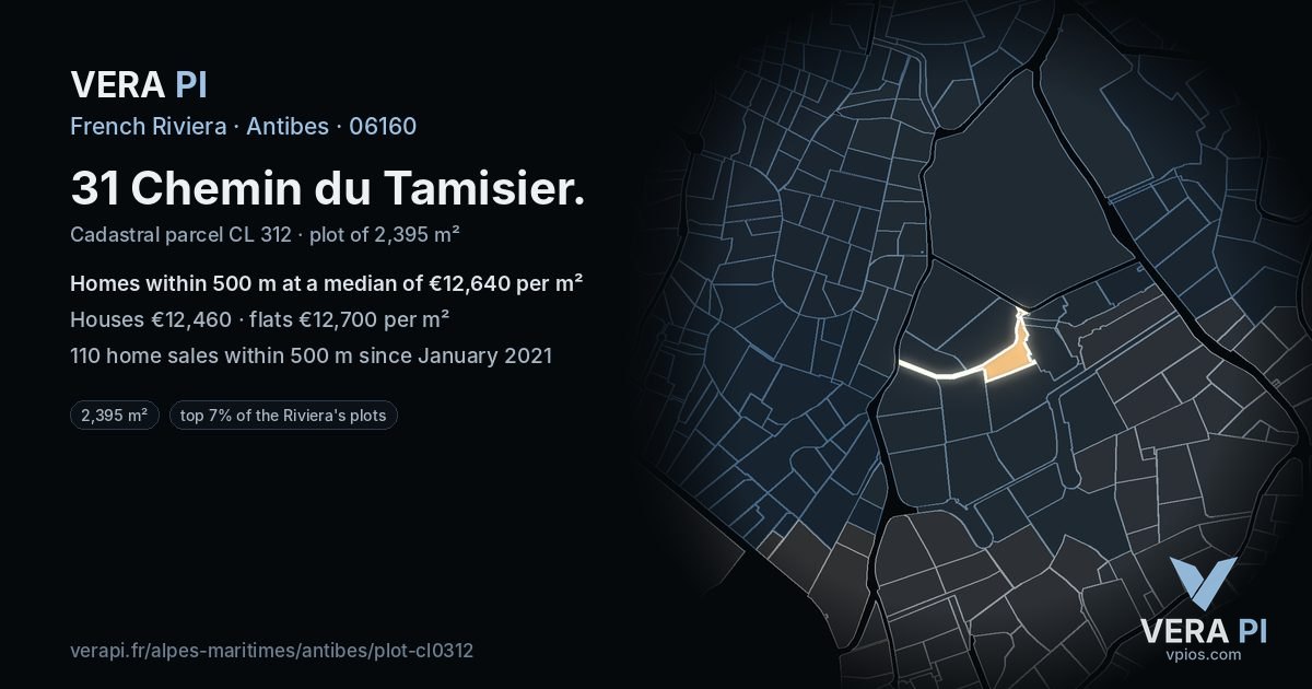 31 Chemin du Tamisier, Antibes at night – the plot lit, the parcels around coloured by the prices near them